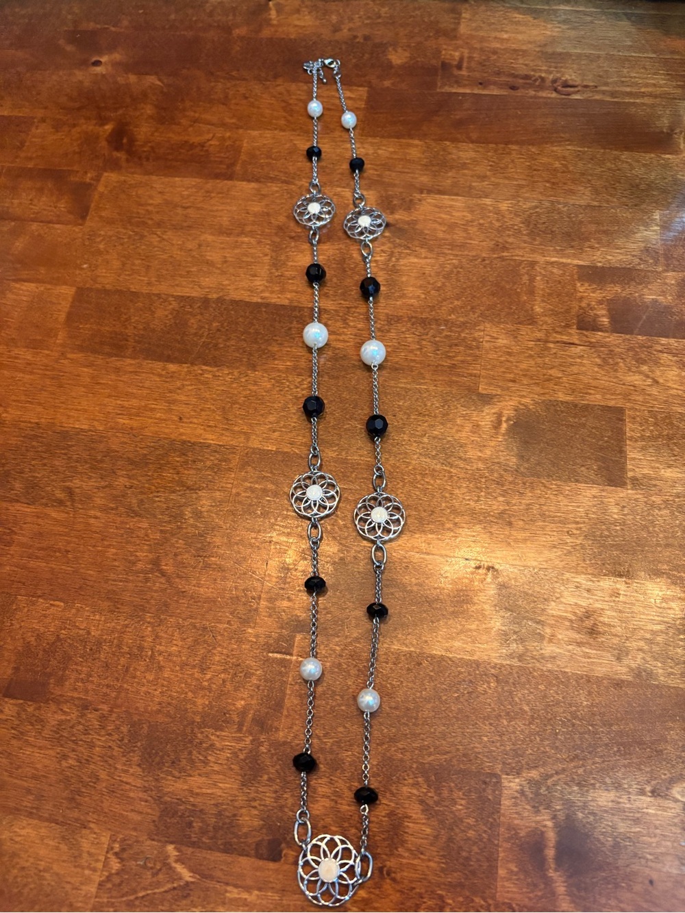 Lia Sophia Silver-Tone Necklace with Black and Cream Beads